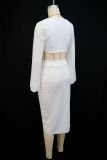 Women Fall Bell Bottom Sleeve Solid Top and Slit Skirt Two-Piece Set