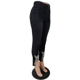 Women Beaded Crown Denim Pants