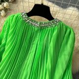 Women Fall Round Neck Diamond-Encrusted Feather Patchwork Long-Sleeved Pleated Dress
