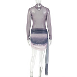 Women Gradient Stand Collar Colorblock Long-Sleeved Summer Bodycon Dress