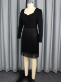 Women square-neck pleated long-sleeved cascade tassel bodycon dress