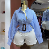 Women Fall Turndown Collar Striped Long-Sleeved Shirt