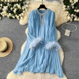 Women Fall Round Neck Diamond-Encrusted Feather Patchwork Long-Sleeved Pleated Dress