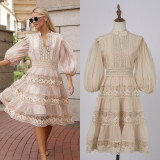 Women Solid Half-Sleeve Lantern Sleeve Patchwork Dress