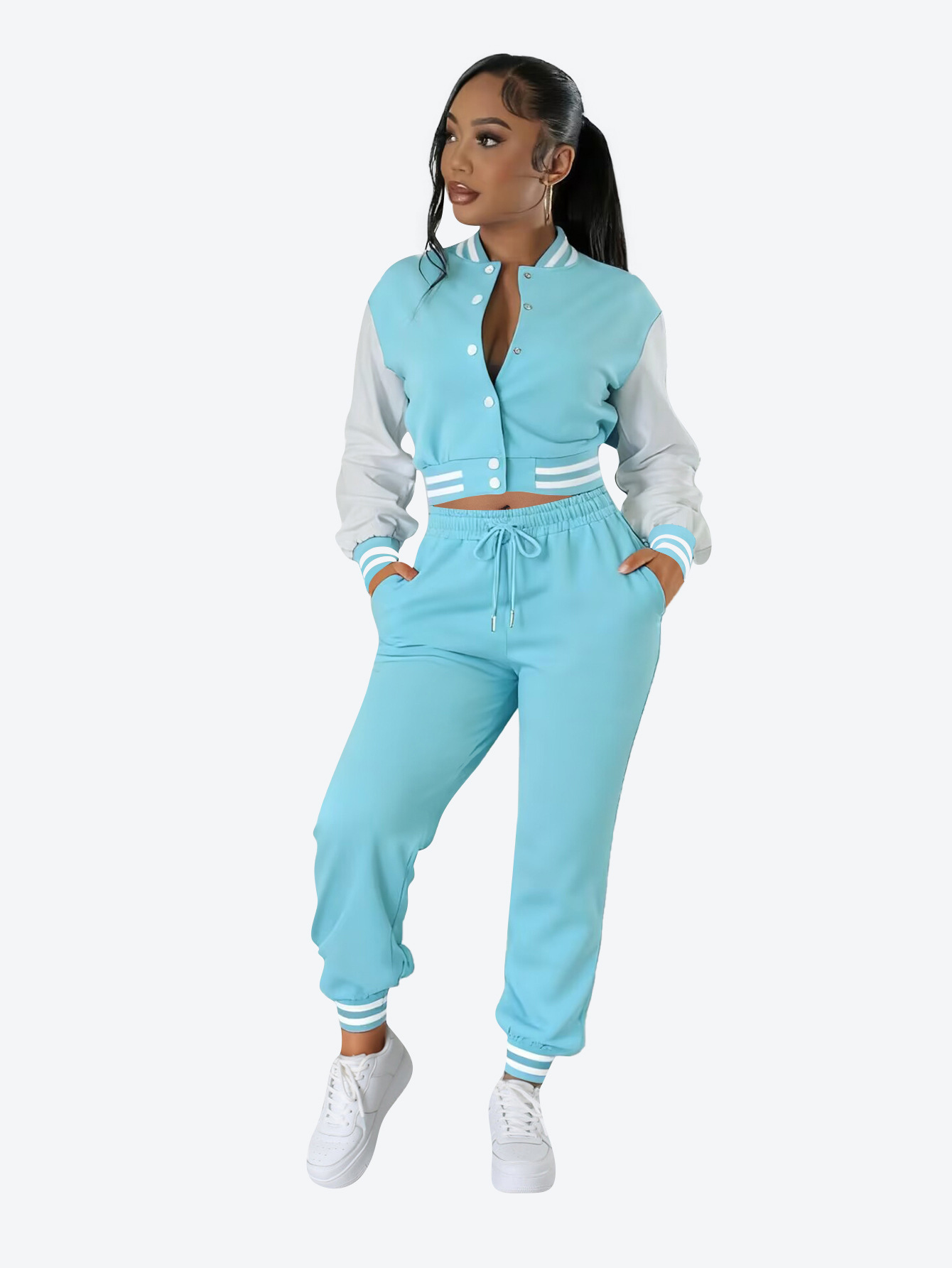 Women contrasting color baseball top and pant two-piece set