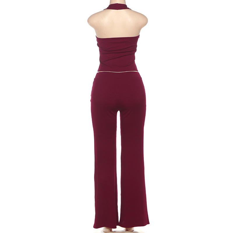 Women Autumn Sleeveless Halter Neck Top and Pants Two-Piece Set