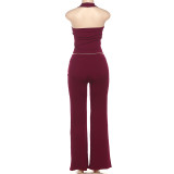 Women Autumn Sleeveless Halter Neck Top and Pants Two-Piece Set