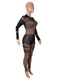 Women Sexy Mesh Irregular Stripe Print See-Through Long-Sleeved Bodysuit