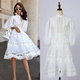 Women Solid Half-Sleeve Lantern Sleeve Patchwork Dress