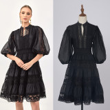 Women Solid Half-Sleeve Lantern Sleeve Patchwork Dress