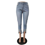Women Beaded Crown Denim Pants