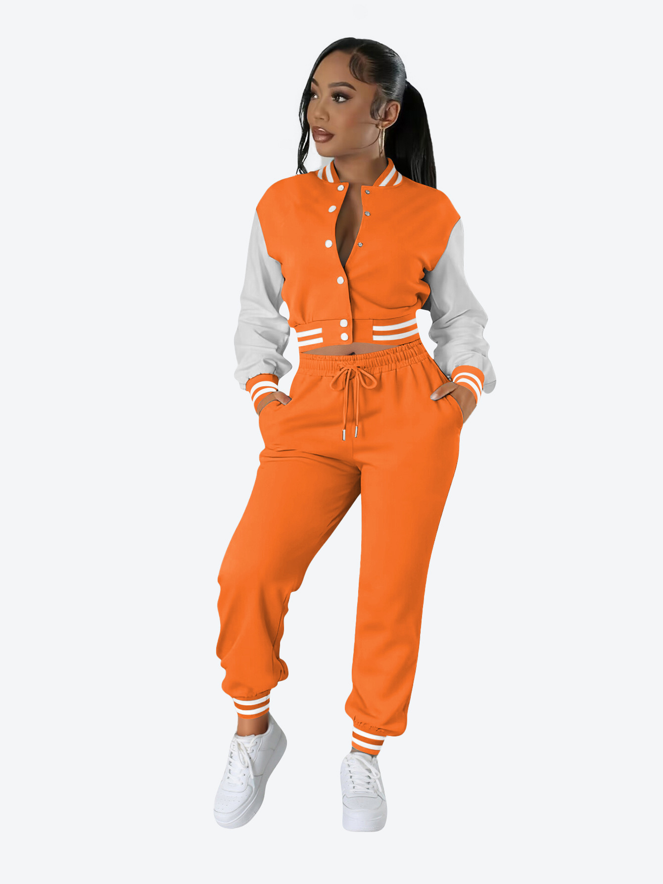 Women contrasting color baseball top and pant two-piece set