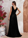 Women Sleeveless V-Neck Long Sequined Fishtail Evening Dress