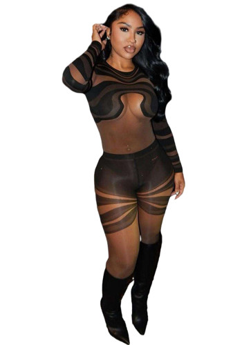 Women Sexy Mesh Irregular Stripe Print See-Through Long-Sleeved Bodysuit