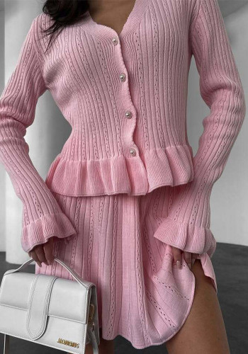 Women Spring French V-Neck Long-Sleeved Diamond Buttoned Ruffle Knitting Top and Skirt Two-Piece Set