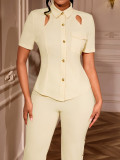 Women turndown collar two-piece shirt and pants set with cutout buttons
