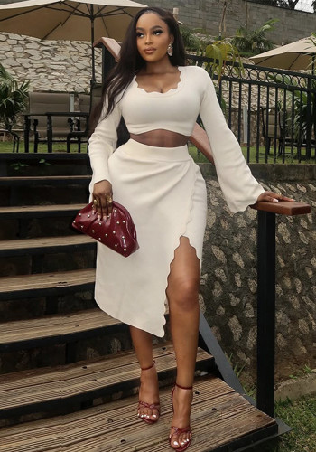 Women Fall Bell Bottom Sleeve Solid Top and Slit Skirt Two-Piece Set