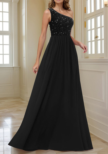 Women Solid Slash Shoulder Sequin Patchwork Formal Party Maxi Dress