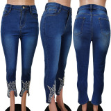 Women Beaded Crown Denim Pants
