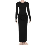 Women Autumn Elegant Solid Pleated Dress