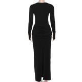 Women Autumn Elegant Solid Pleated Dress