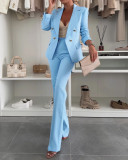 Women Metal Button Blazer and Bell Bottom Two-Piece Set