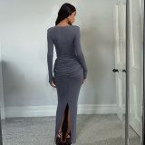 Women Autumn Elegant Solid Pleated Dress