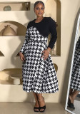 Women Patchwork Houndstooth Long-Sleeved Dress