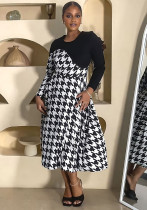 Women Patchwork Houndstooth Long-Sleeved Dress