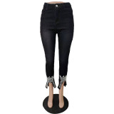 Women Beaded Crown Denim Pants