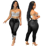 Women Beaded Crown Denim Pants