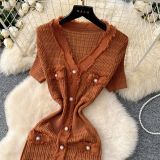 Women Elegant V-Neck Metallic Knitting Bodycon Dress