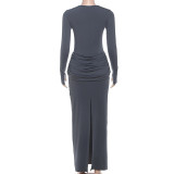 Women Autumn Elegant Solid Pleated Dress