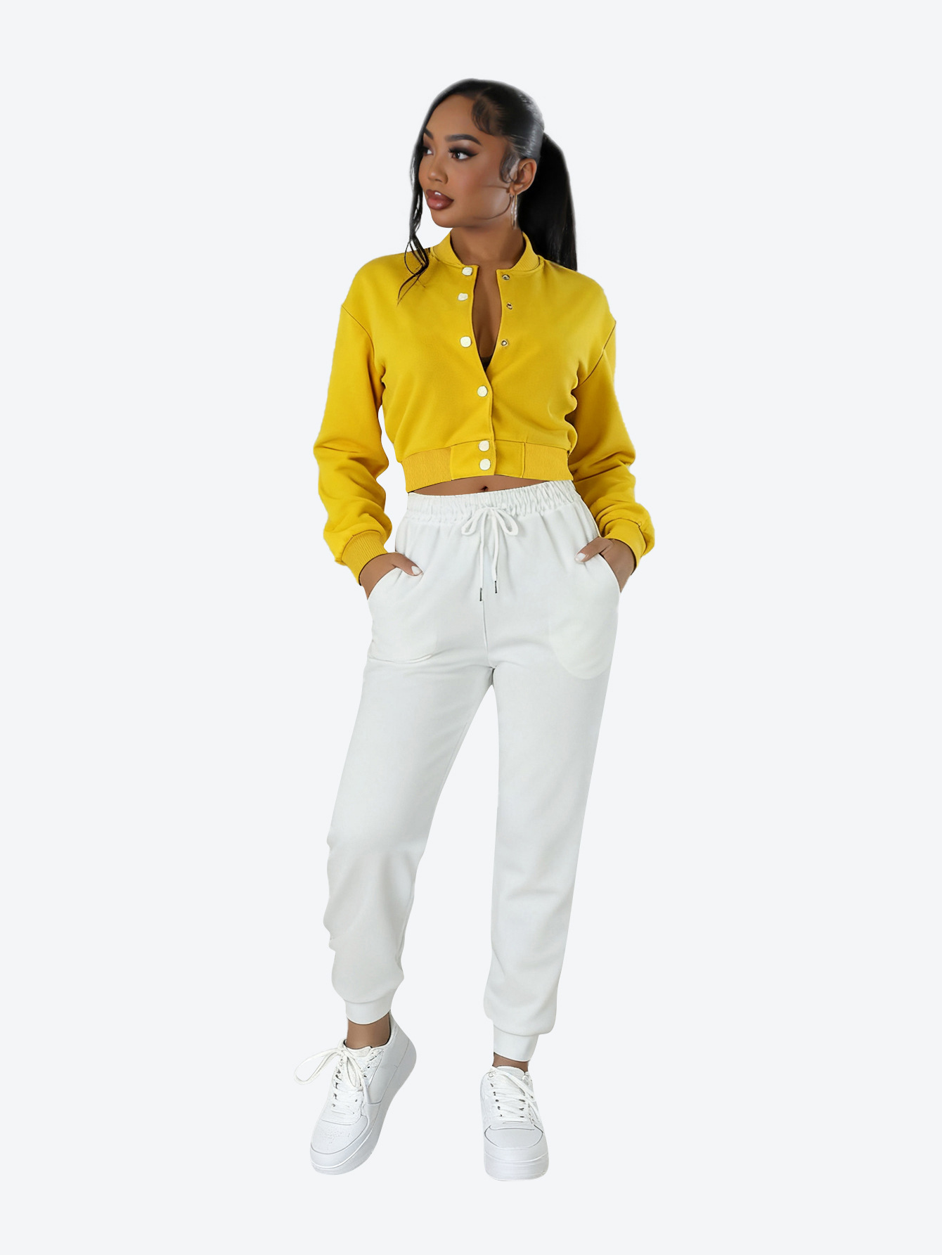 Women contrasting color baseball top and pant two-piece set