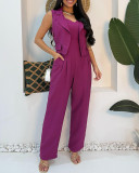 Women Rose Sleeveless Lapel Vest and Sleeveless Jumpsuit Two-Piece Set