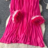 Women Fall Round Neck Diamond-Encrusted Feather Patchwork Long-Sleeved Pleated Dress