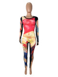Women's Sexy Body Painting Print Round Neck Long Sleeve Tight Fitting Jumpsuit