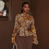 Women's Autumn Winter Leopard Print Turndown Collar Long Sleeve Button-Down Shirt