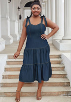 Women's Fashion Bow Lace-Up Plus Size Strap Sleeveless Denim Dress