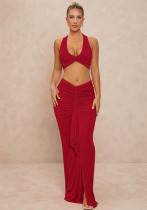 Women's Spring Chic Knot Strapless Slit Gather Skirt Set