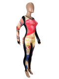 Women's Sexy Body Painting Print Round Neck Long Sleeve Tight Fitting Jumpsuit
