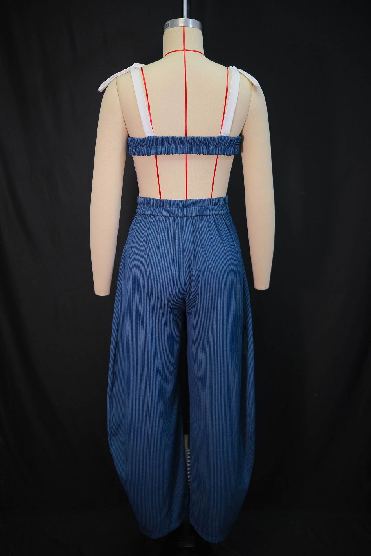 Autumn Women's Fashion Sexy Patchwork Bow-Strap Open Waist Wide-Leg Pants Set