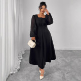 Women's Autumn Chic Long Dress High Waist Pleated Square Neck Long Sleeve Plus Size Dress