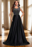 Women's Fashion Sleeveless Long Dress Crystal Round Neck Mesh A-Line Evening Gown