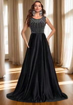 Women's Fashion Sleeveless Long Dress Crystal Round Neck Mesh A-Line Evening Gown