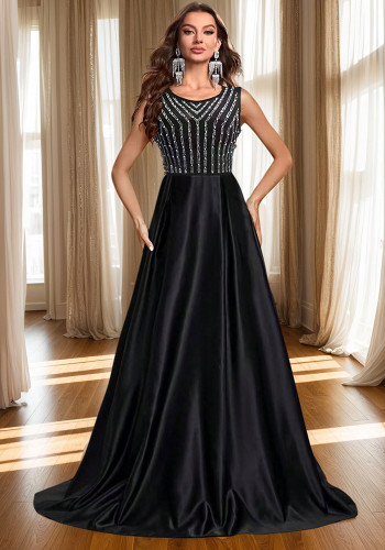 Women's Fashion Sleeveless Long Dress Crystal Round Neck Mesh A-Line Evening Gown