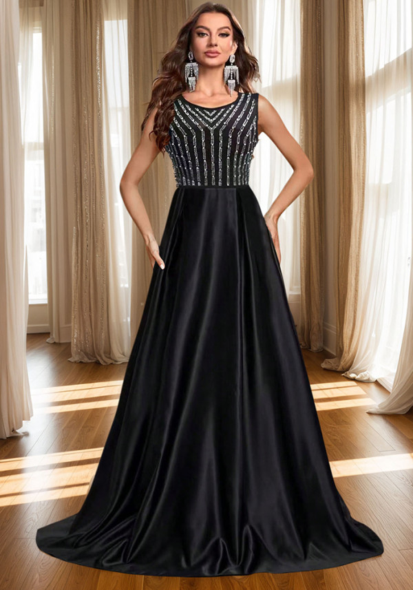 Women's Fashion Sleeveless Long Dress Crystal Round Neck Mesh A-Line Evening Gown