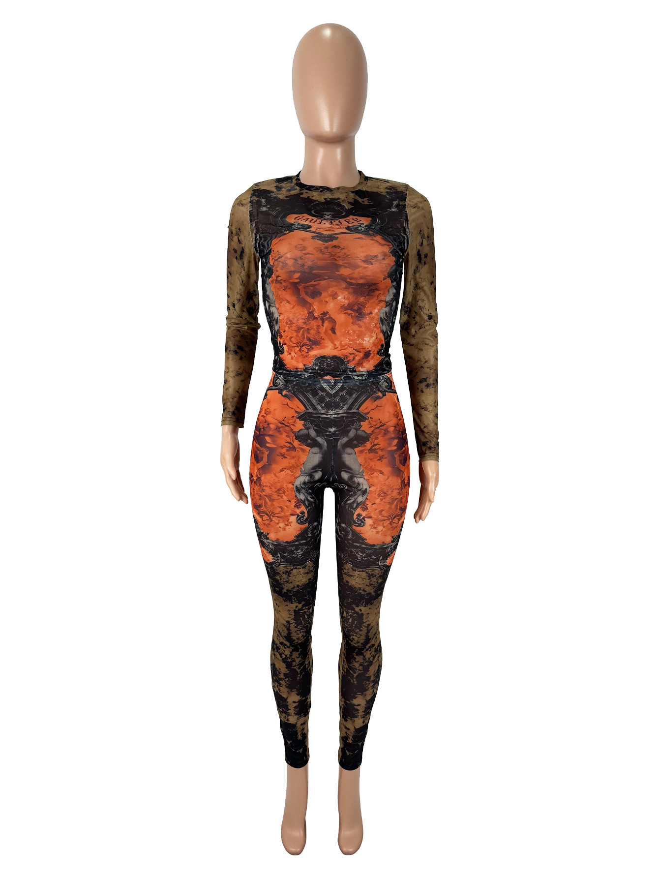 Women's Sexy Street Trend Print Round Neck Long Sleeve Tight Fitting Pants Set