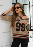 Women's Autumn Winter Loose Basketball Knitting V-Neck Sweater