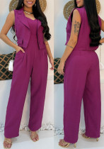 Women Rose Sleeveless Lapel Vest and Sleeveless Jumpsuit Two-Piece Set Women Rose Sleeveless Lapel Vest and Sleeveless Jumpsuit Two-Piece Set
